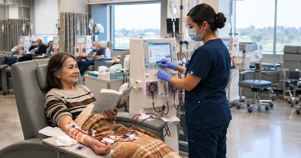 A patient reading a book under a blanket in a reclining chair while a masked nurse adjusts the dialysis machine beside her, in a bright treatment room with large windows