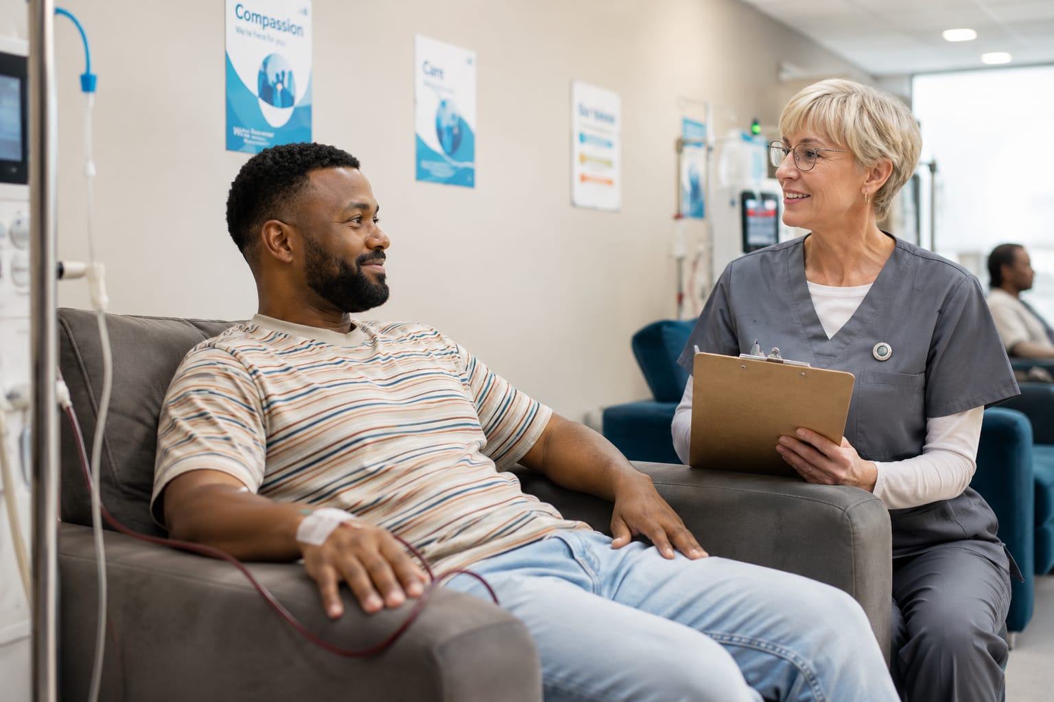 A patient chatting with a nurse holding a clipboard during treatment