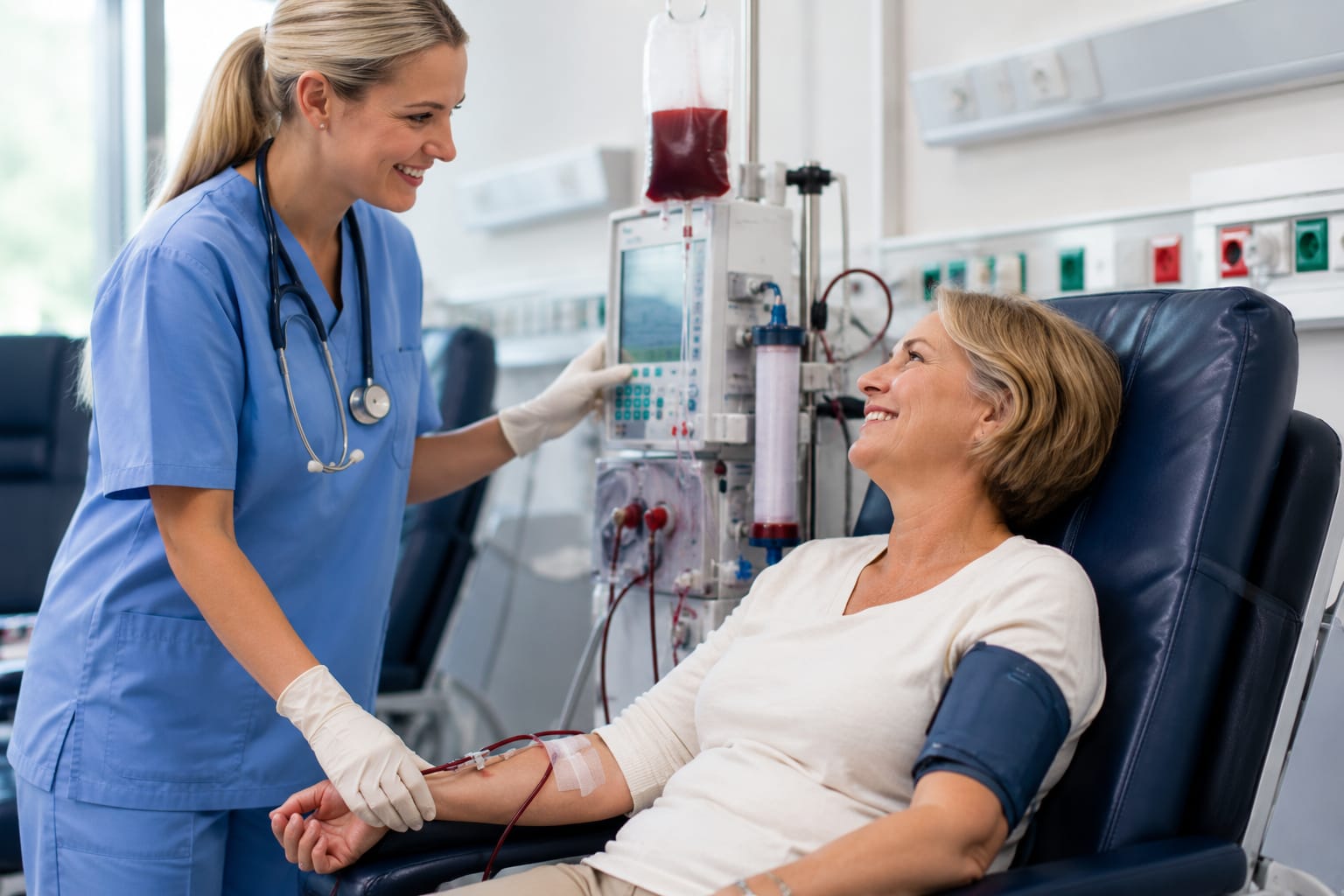 A nurse checking dialysis equipment while a smiling patient receives treatment
